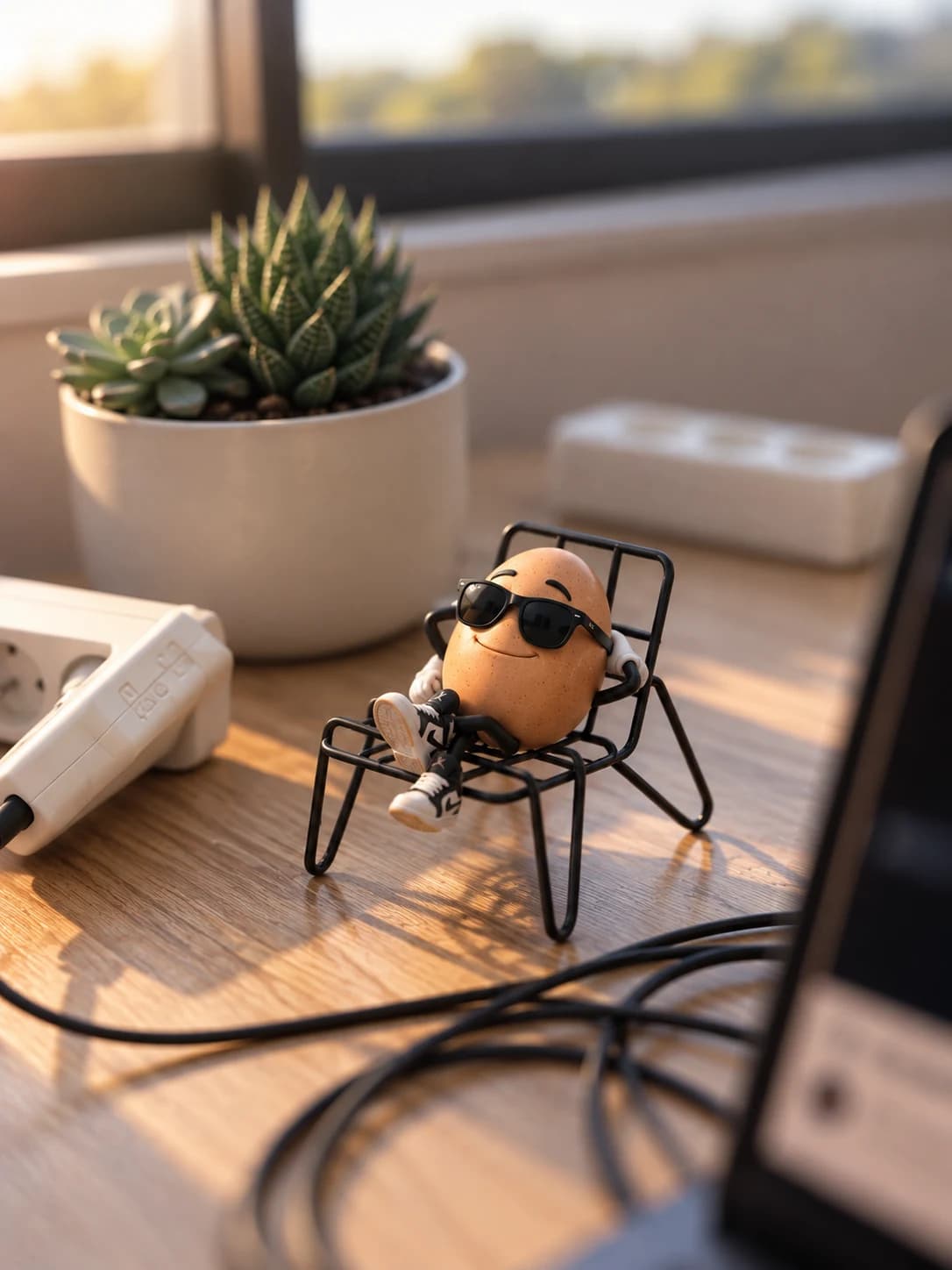 Dude Egg in sunglasses, relaxing in a miniature black chair on a sunlit wooden desk