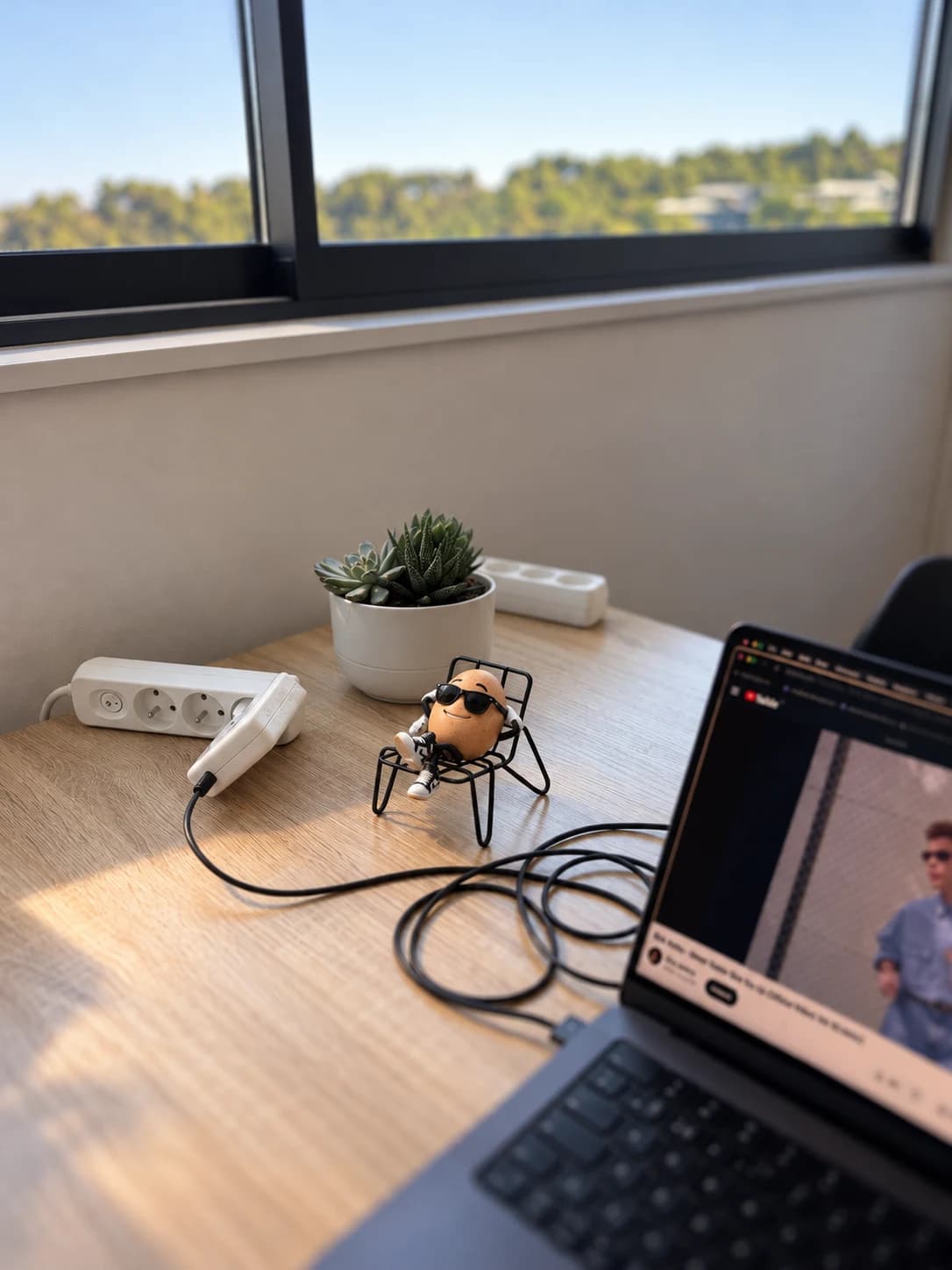 Dude Egg enjoying a break in his tiny chair beside a laptop