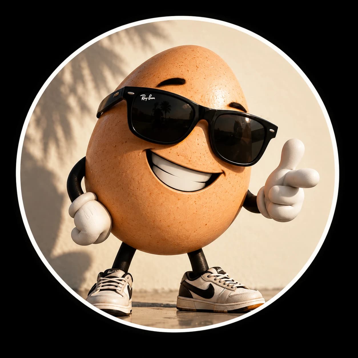Dude Egg giving a friendly thumbs-up, with black sunglasses and retro sneakers